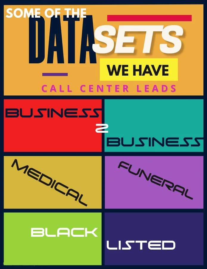 Image from the Call Center Leads website showcasing various data sets available for purchase, including business, medical, funeral, and blacklisted leads.