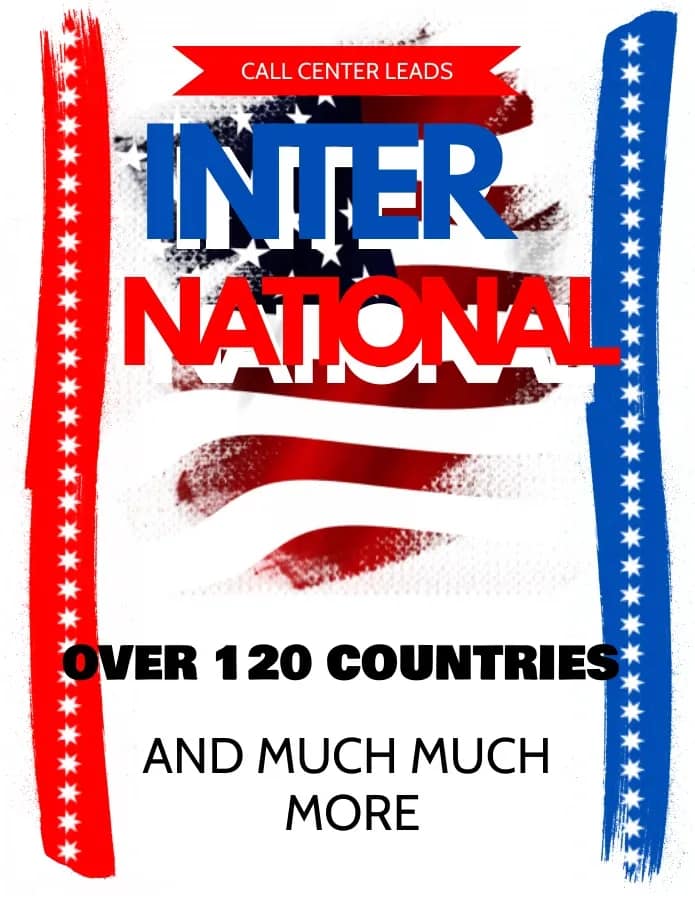 Image of a blue and green world map with red dots marking various locations. Text overlay reads "Call Center Leads International, Over 120 Countries and Much Much More."